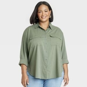 NWT Ava & Viv Women's Long Sleeve Utility Button Down Shirt 1X 2X 4X